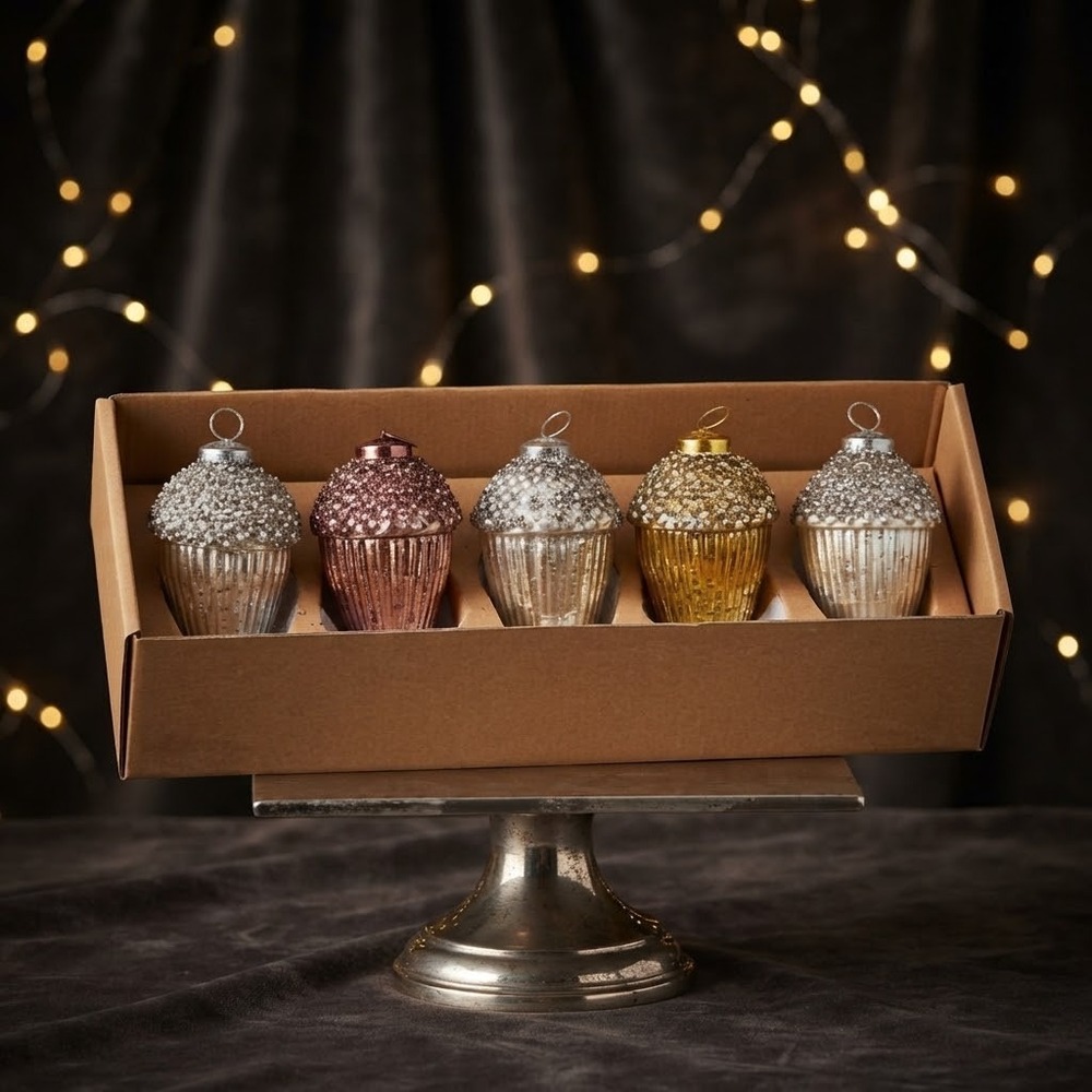 Lot 5 Glass Acorn Christmas Ornaments Silver Gold Bronze Mercury Glass Glitter